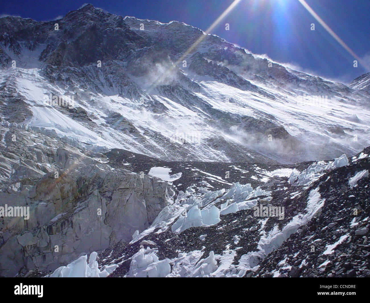 This is the camp two 21,300ft (6,500m) of Mt. Everest. This place is quite valley of mountain. All the direction there is mountain and there is risk of mountain snow avalanche. But you can see the Mt. Everest. Due to the thickness of oxygen climber were stay in this camp to accommodate for the clima Stock Photo