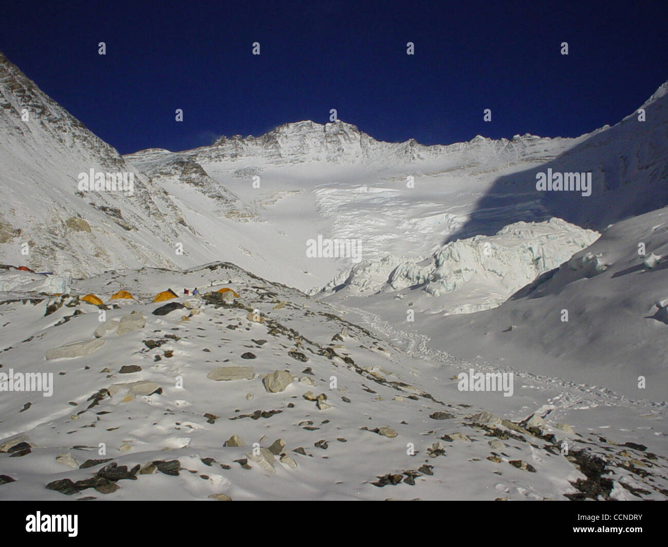 This is the camp two 21,300ft (6,500m) of Mt. Everest. This place is quite valley of mountain. All the direction there is mountain and there is risk of mountain snow avalanche. Due to the thickness of oxygen climber were stay in this camp to accommodate for the climate. In the from the second camp t Stock Photo