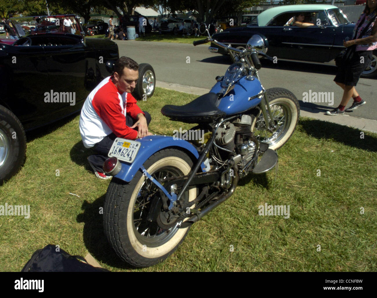 Doug Fraschiero (cq) of Martinez, Calif. rides his mini chopper