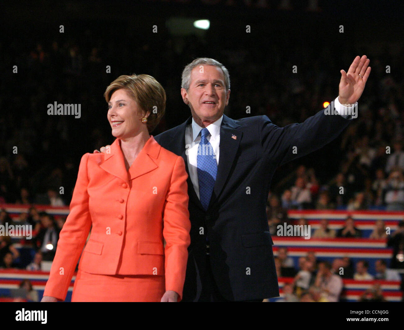 Nov 03, 2004; New York, NY, USA; Republican President GEORGE W. BUSH  re-elected for second term as 43rd President of the United States, winning the 2004 Presidential Election. Pictured: (FILE PHOTO) Sept 02, 2004; New York, NY, USA; First Lady LAURA BUSH & President GEORGE W. BUSH at day four of th Stock Photo