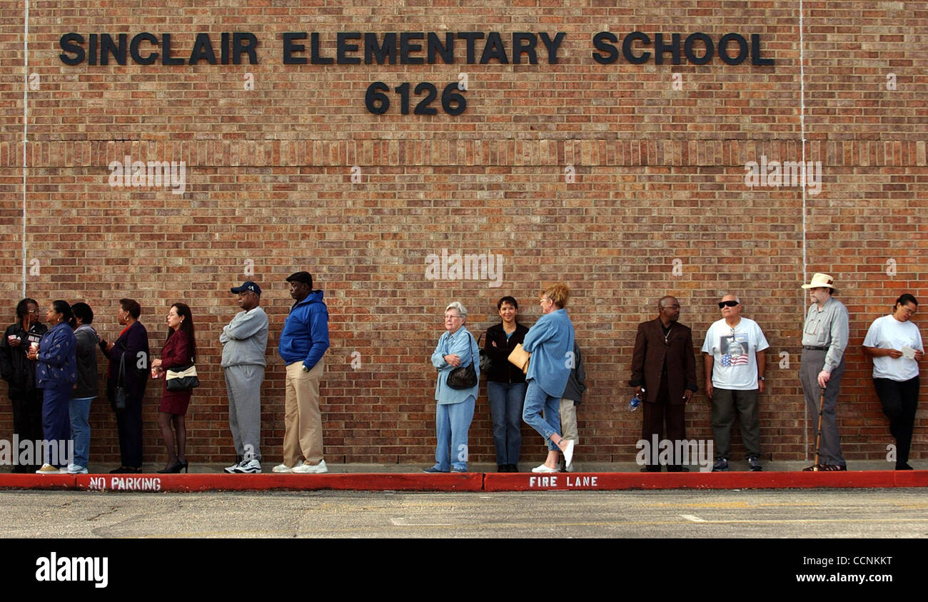 Voters wait in line outside Sinclair Elementary School after a problem