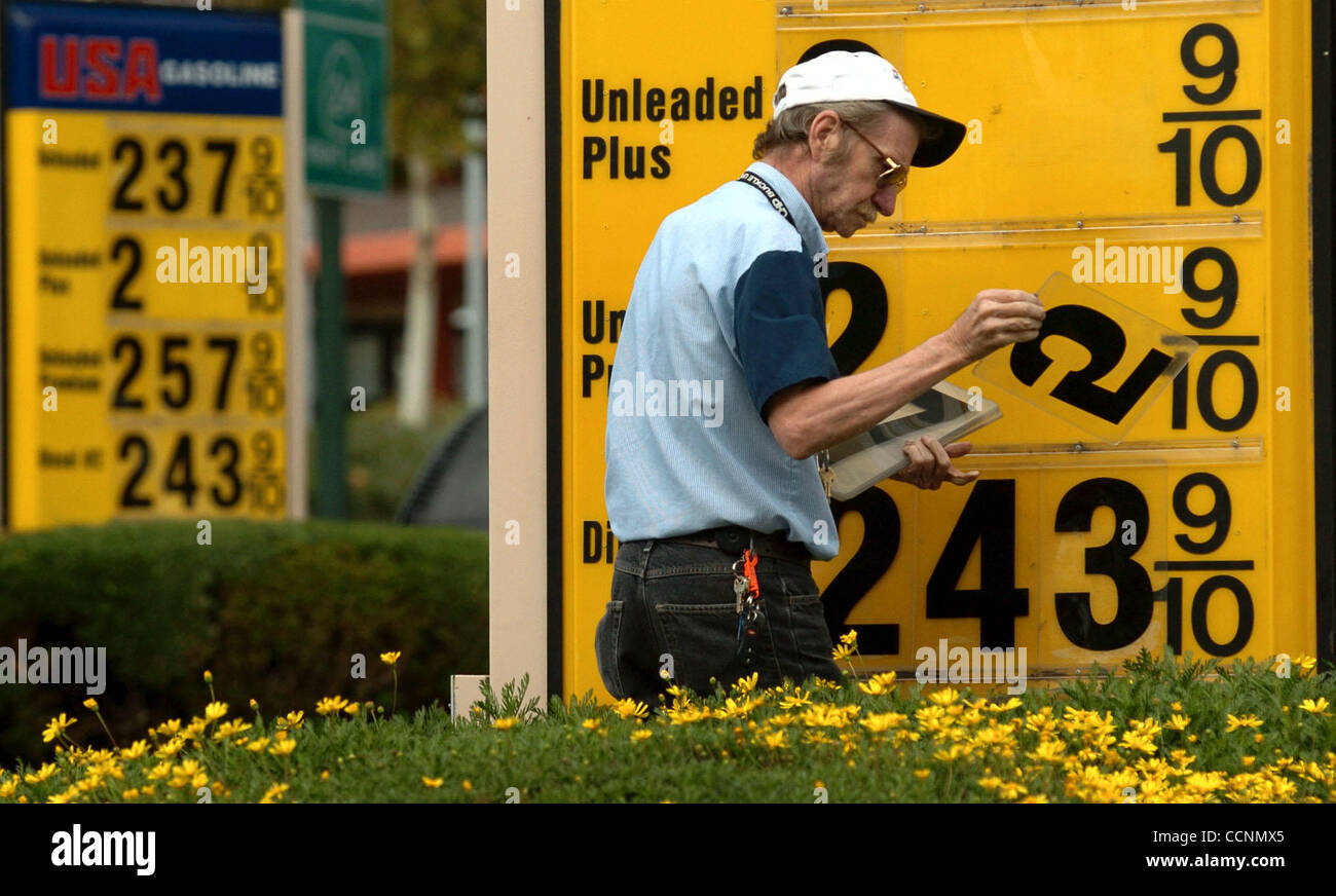 Service station attendant Tony Dailey was glad to drop prices for a change Wednesday morning October 27, 2004. He works at the USA Gasoline station on Ygnacio Valley Road that drop prices 4 cents a gallon.  (Contra Costa Times/Karl Mondon/) Stock Photo