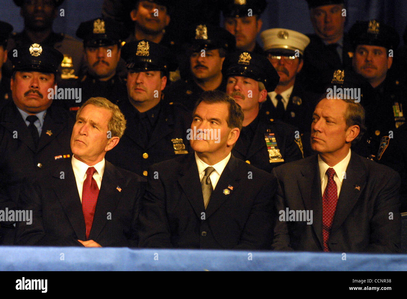 Feb 06, 2002; New York, NY, USA; President GEORGE W. BUSH, Director of Homeland Security TOM RIDGE & NY Governor GEORGE PATAKI @ an address to New York's First Responsers (firemen & police) about Homeland Security issues @ the Sheraton. Mandatory Credit: Photo by Nancy Kaszerman/ZUMA Press. (©) Copy Stock Photo