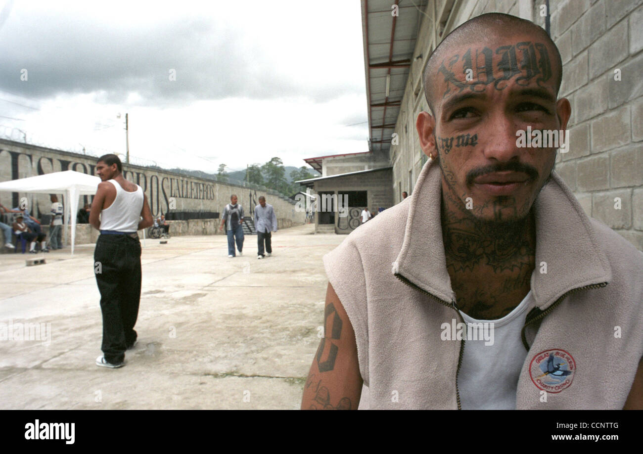 Marlon Enrique Fuentes, 27, lived in California until he was deported from the United States to Honduras in 1996. Now, the Honduran-born 18th Street gang member is in a federal penitentiary outside Tegucigalpa, Honduras.  Photographer:  Luis J. Jimenez City: Tegucigalpa Country: Honduras Date: June  Stock Photo