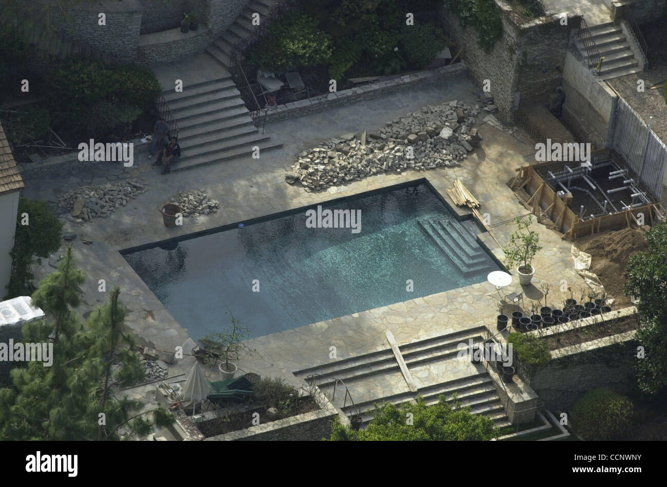 Jan 25, 2003; Beverly Hills, CA, USA; Work is underway on poolside spa at the 3.5 million mansion of actors Brad Pitt and Jennifer Aniston. Pitt recently filed new plans with Beverly Hills city officials for a second-story gym and they are also adding an octangular skylight in the master bedroom. Stock Photo