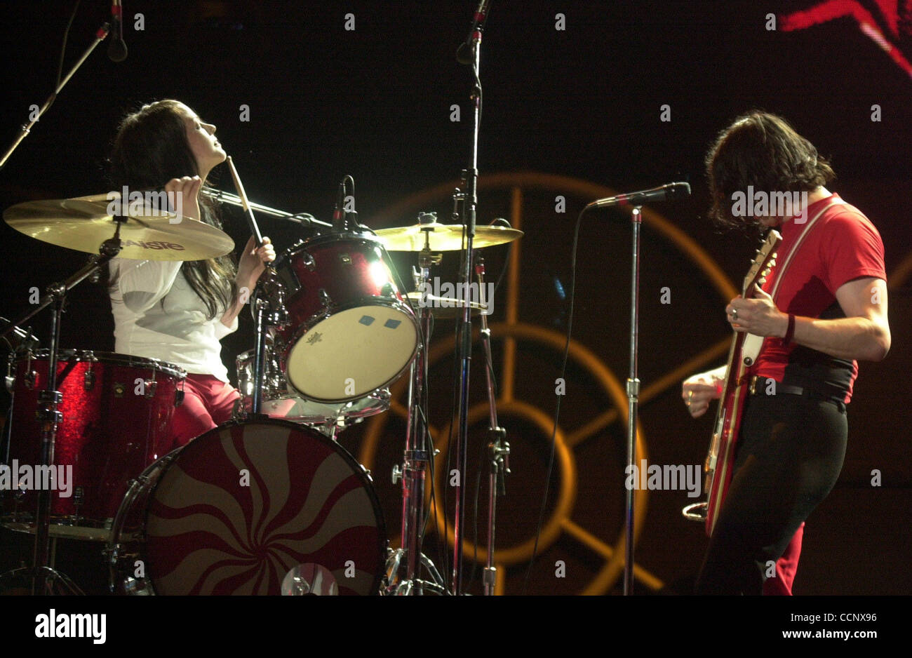 Jun 14, 2003; Irvine, CA, USA; Siblings JACK (vocals, guitar) and MEG WHITE (drums, vocals) of 'The White Stripes' at the KROQ Weenie Roast 2003 held at Verison Wireless Amphitheater. Stock Photo