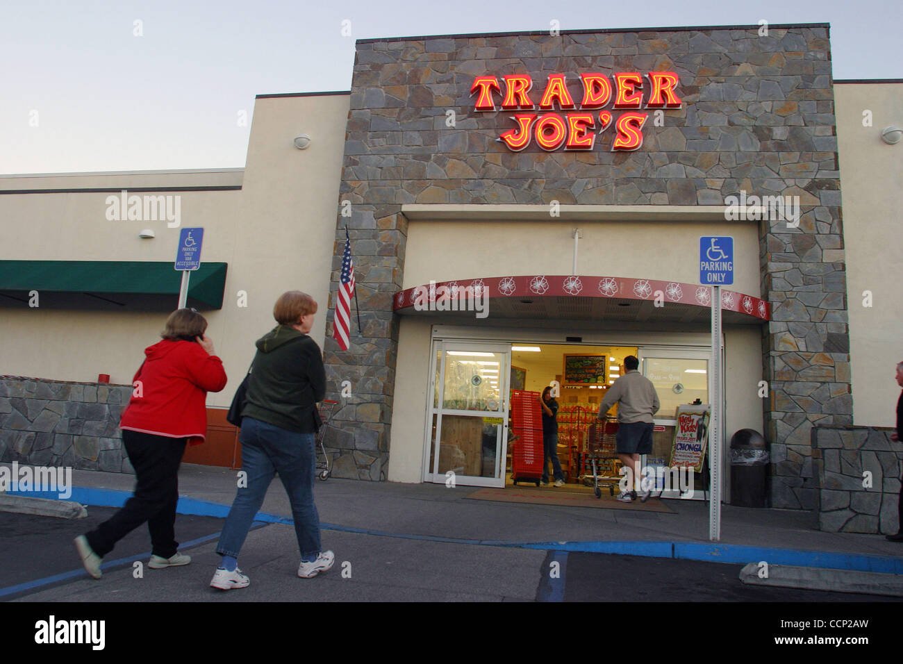 Jan 05, 2004; Laguna Hills, CA, USA; Trader Joe's, the specialty grocery store known for its bargains on wines and gourmet items, store in S. Orange County. Trader Joes was long the 'dream grocer' of yuppies looking for exotic cheeses, organic flour and 7 grain bread, but the cramped stores now offe Stock Photo