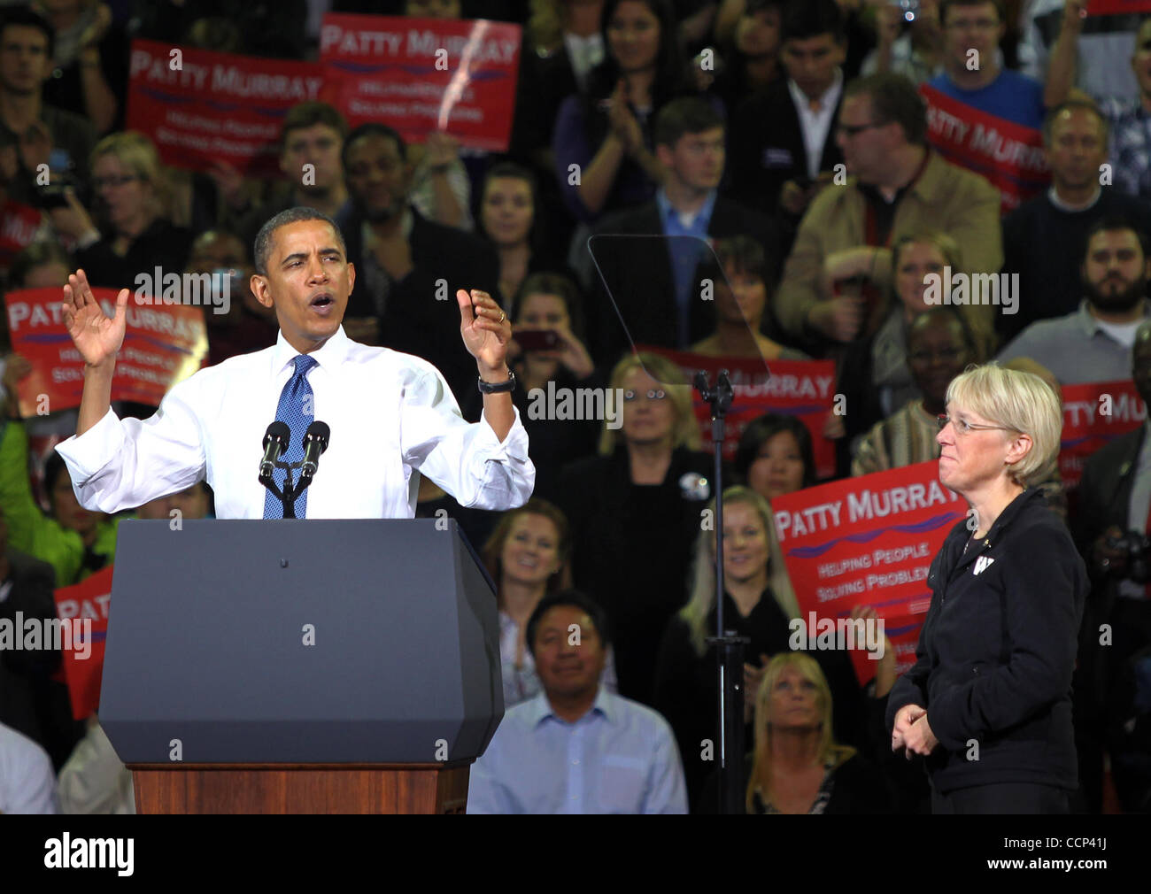 Oct. 21, 2010 - Seattle, Washington, U.S - U.S. President BARACK OBAMA (left) speaks to the crowd while U.S. Senator PATTY MURRAY listens at the University of Washington during a Democratic party campaign rally on October 21, 2010. Obama flew to Seattle in support of the three-term incumbent Murray  Stock Photo