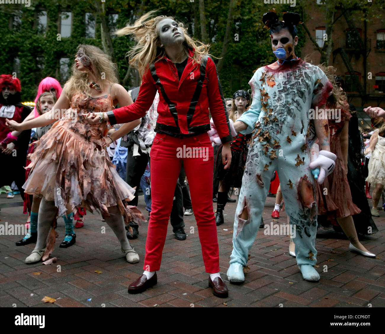 Oct. 23, 2010 - Seattle, Washington, USA - 278 people dressed as zombies to dance in Occidental Park to Michael Jackson's ''Thriller'' as part of the Thrill the World attempt to break the world record for largest simultaneous Thriller dance.  Groups in cities all over the world participated.   Decem Stock Photo