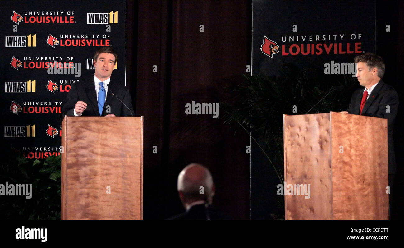 Democrat JACK CONWAY (left) and Republican RAND PAUL face off in the fourth of five scheduled senatorial debates at the University of Louisville's Bigelow Hall. The debate was filled with vicious personal attacks from both sides and the Tea Party-backed Paul refused to shake hands with Conway at the Stock Photo
