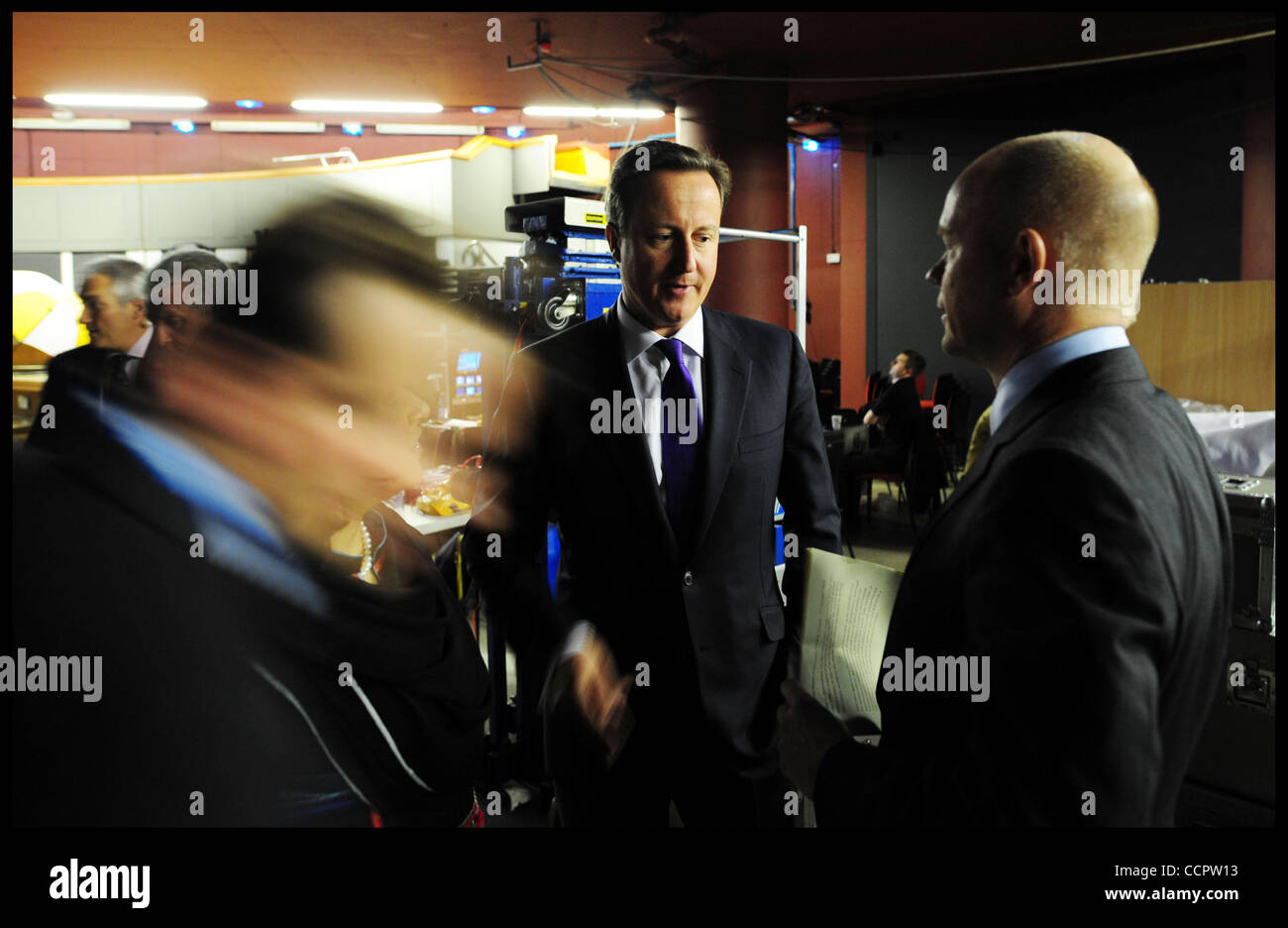 Oct. 3, 2010 - Birmingham, United Kingdom - The Prime Minister David Cameron talks to The Foreign Secretary William Hague backstage at the Conservative Party Conference in Birmingham, Sunday October 3, 2010. Photo By Andrew Parsons (Credit Image: © Andrew Parsons/ZUMApress.com) Stock Photo