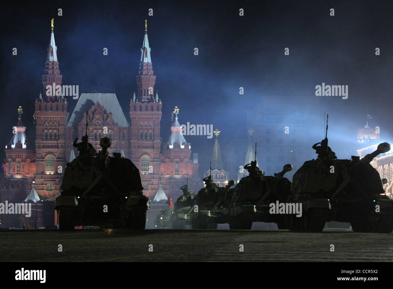 Victory Day Parade Rehearsal in Moscow. Pictured: night rehearsal of military parade in Moscow ; combat vehicles on Red Square. Stock Photo