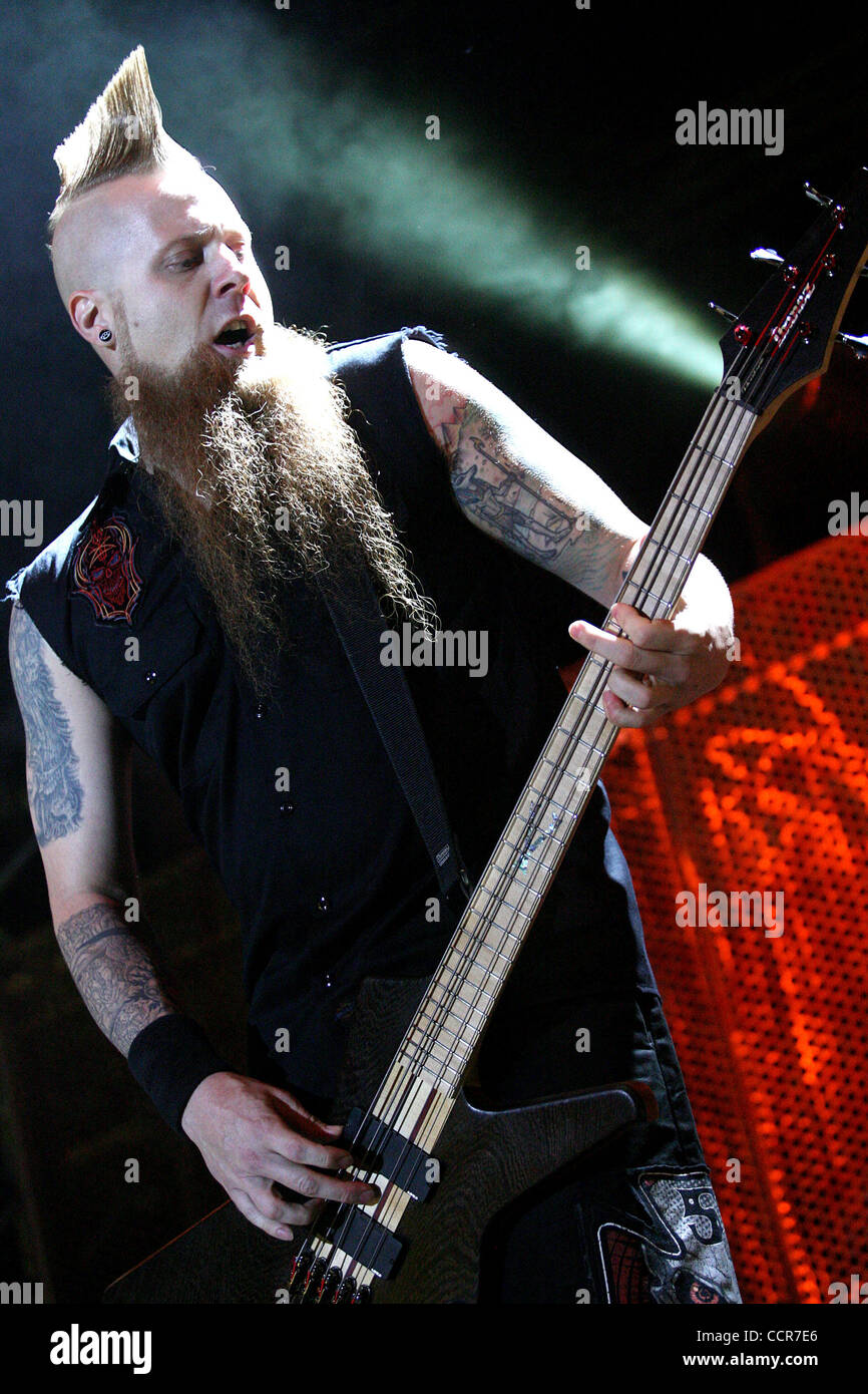 Matt Snell, bassist for the hard rock band Five Finger Death Punch,  performs with his band at Bayfest in Mobile, Alabama, USA on October 1,  2010 Stock Photo - Alamy