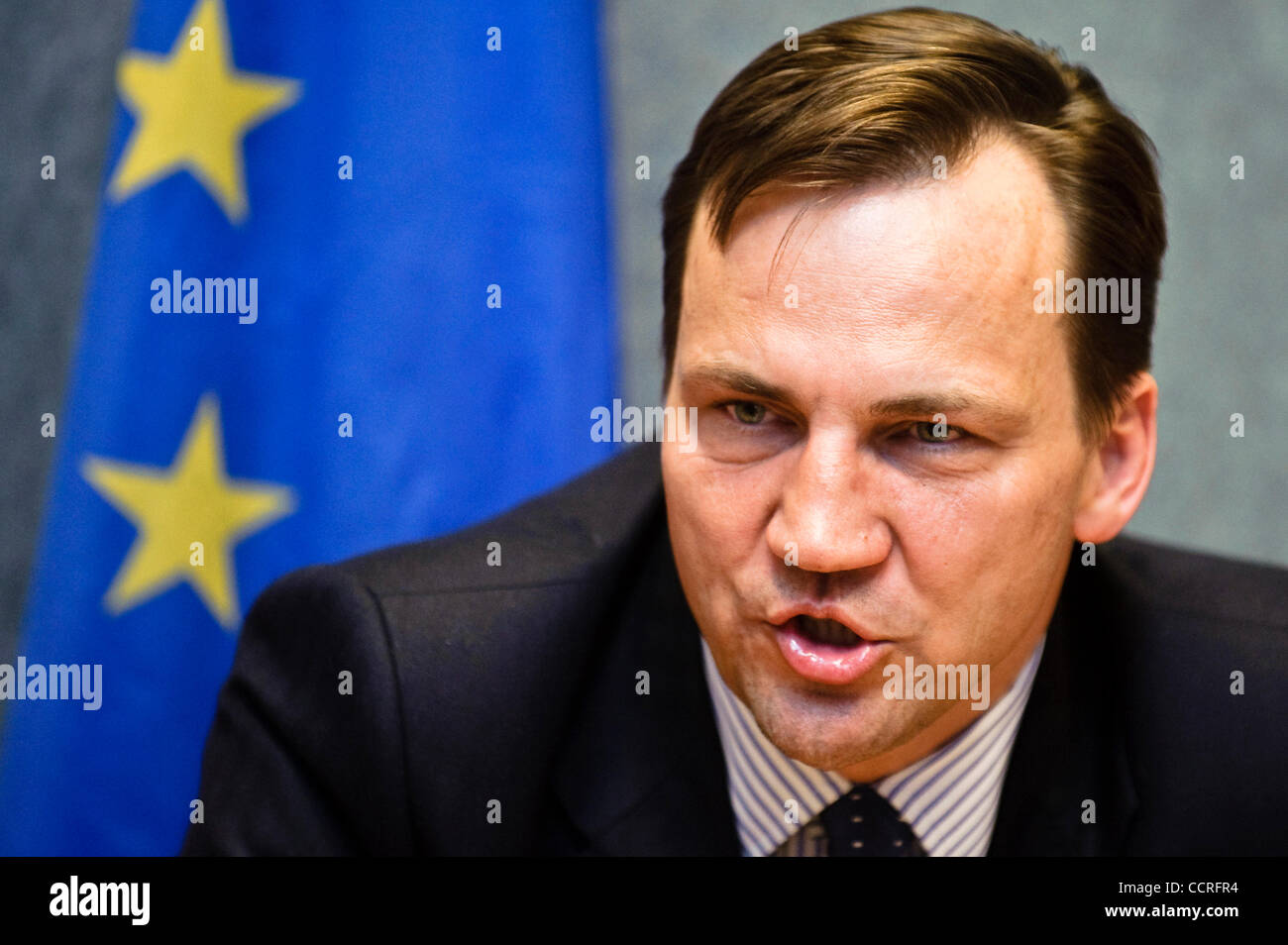 Polish  Foreign Minister Radek Sikorski talks to the media during the EU Foreign Affairs council  in Luxembourg on 2010-04-26  Â© by Wiktor Dabkowski Stock Photo