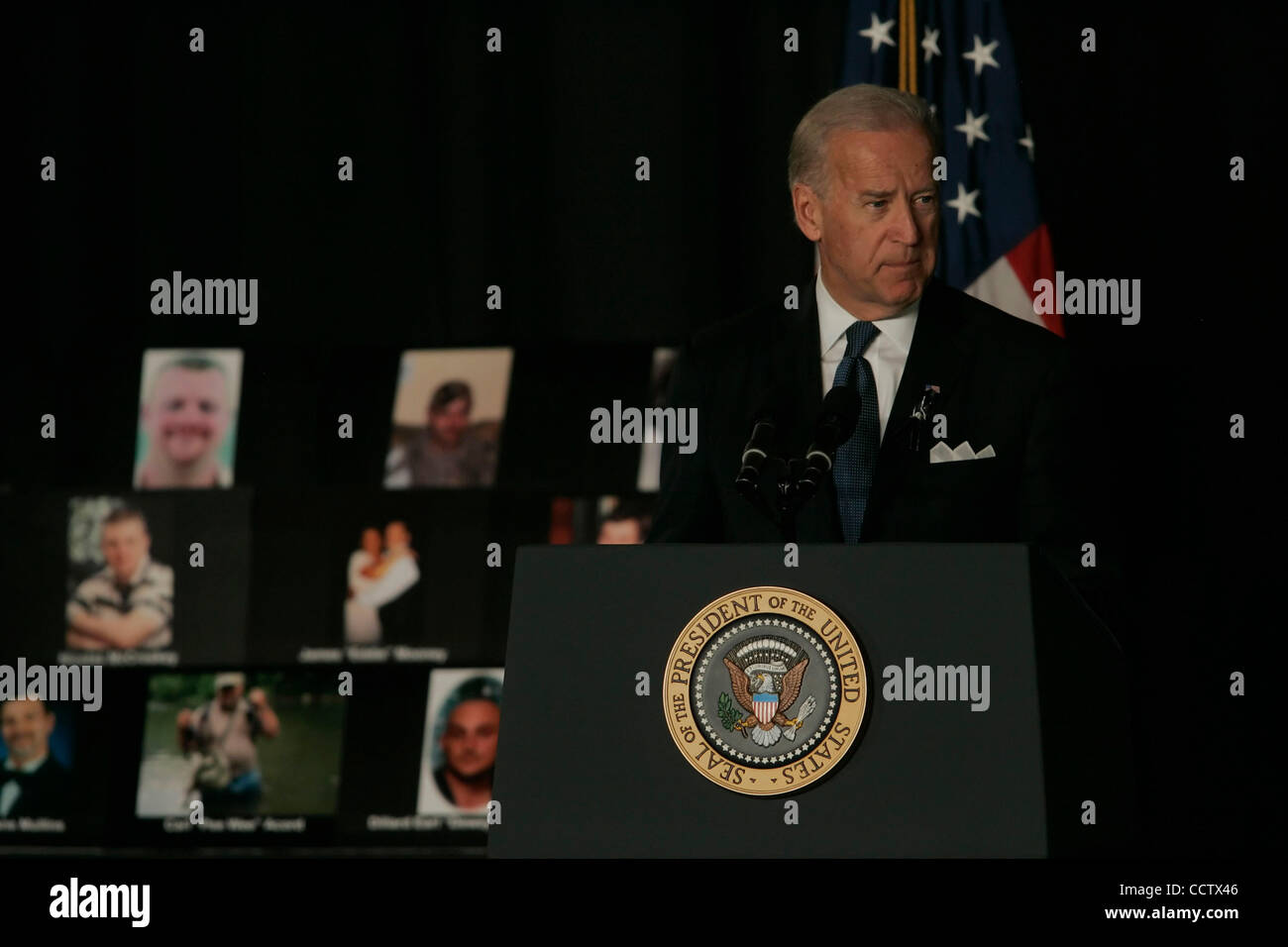 Vice President JOE BIDEN spoke during a memorial service honoring the fallen Upper Big Branch miners. Biden and the president were among those who spoke at the service honoring 29 coal miners who died in an April 5 explosion at Massey Energy's Upper Big Branch Mine near Montcoal, West Virginia. Stock Photo