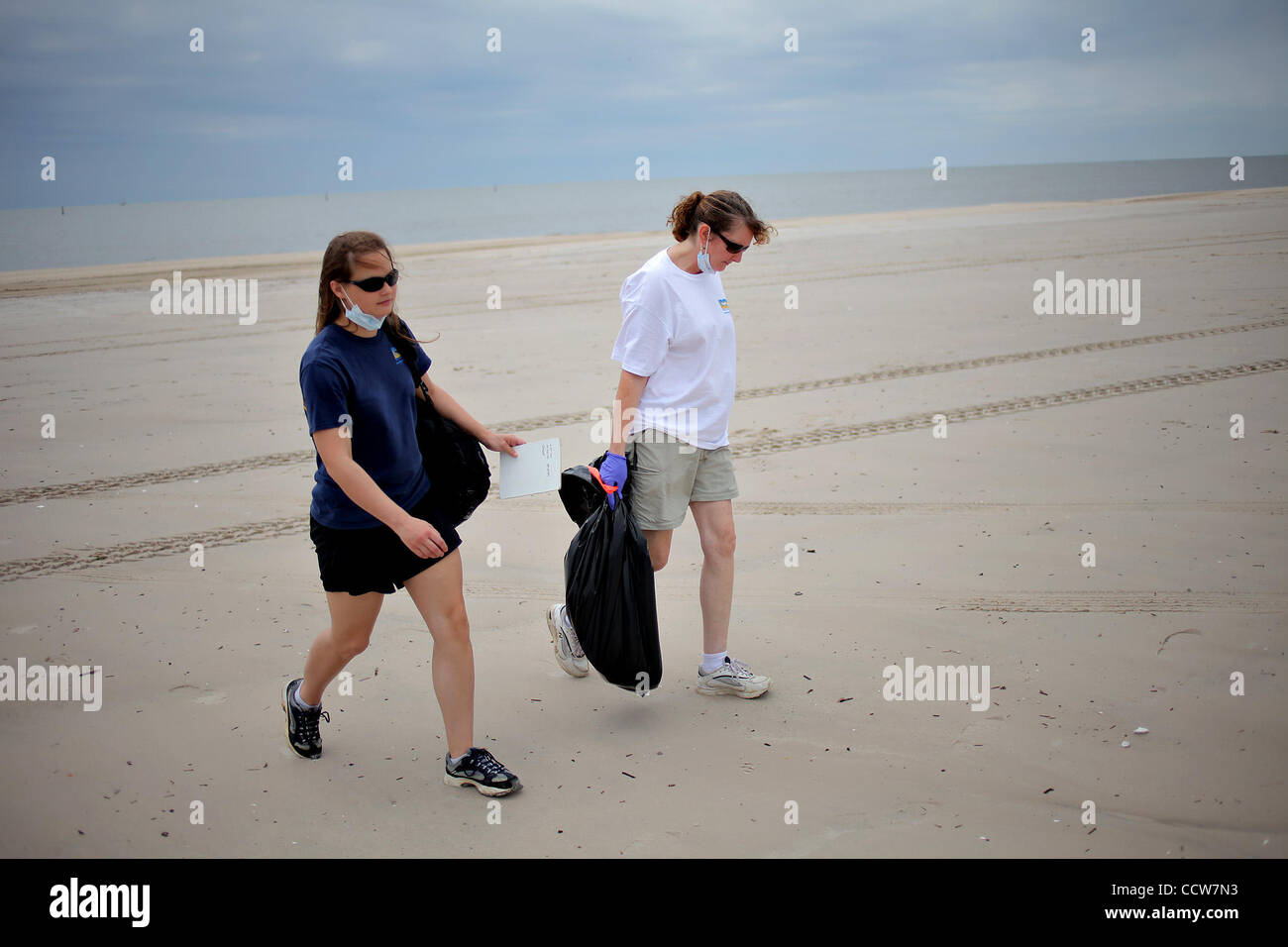 GULFPORT, MISSISSIPPI -- From right, Wendy Hachett, a first responder from the Institute for Marine Mammal Studies, and Megan Broadway, a research assistant with the organization, carry a dead sea turtle inside a trash bag to be taken for a necropsy Monday morning as they inspect the beach in Gulf P Stock Photo