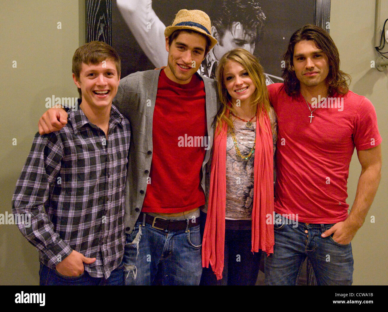 April 2, 2010 - Beverly Hills, California, USA -Latest American Idol Contestant Castoff DIDI BENAMI visits the  'If I Can Dream'  show.(L-R) ALEX LAMBERT,BEN ELLIOT,DIDI BENAMI,JUSTIN GASTON. The reality show follows performers who live together into a house wired with 56 cameras. The footage is bro Stock Photo