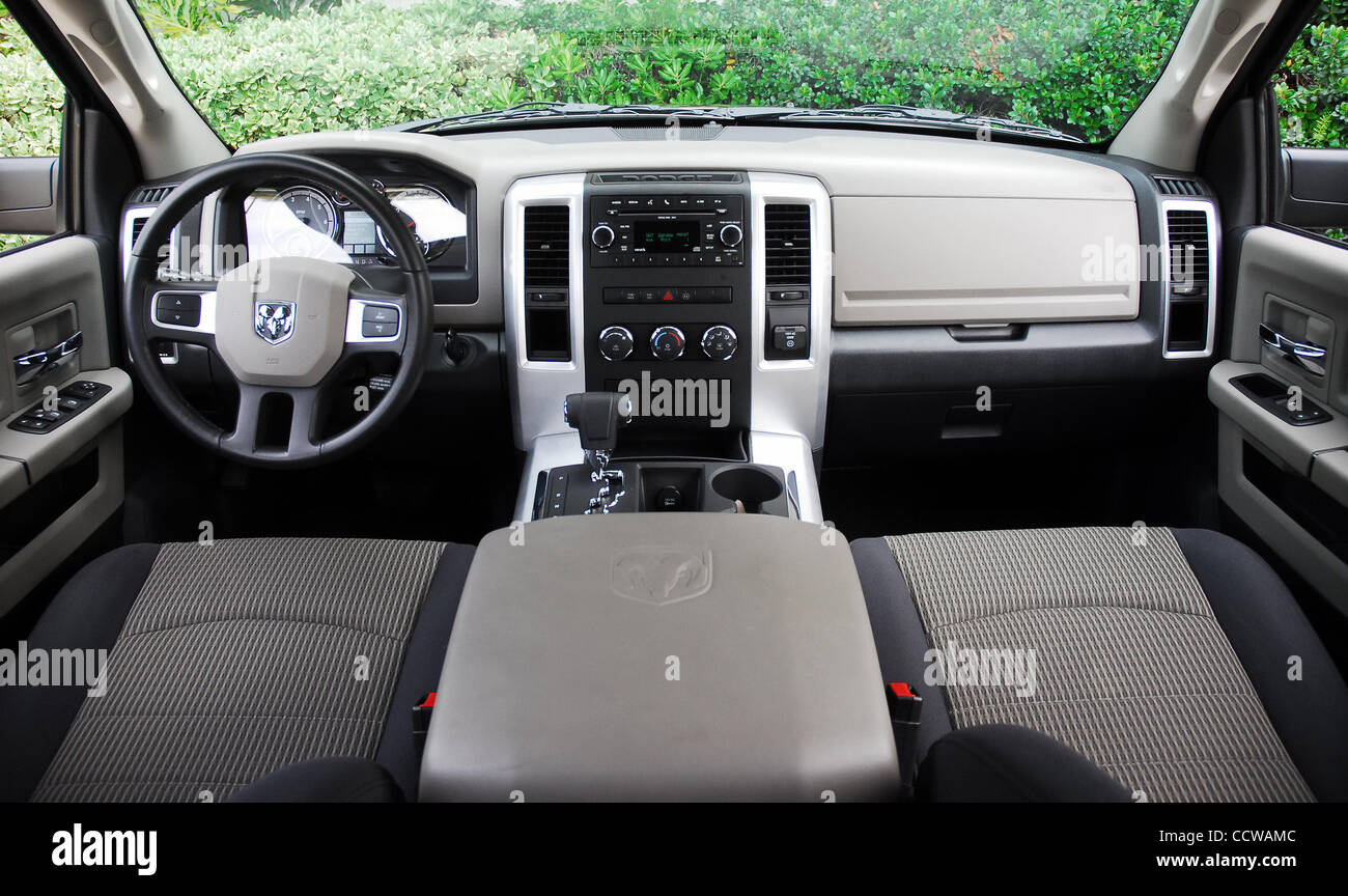 April 19, 2010. Los Angeles, California-USA. The 2010 Dodge Ram Hemi  Bighorn Crew Cab is offered exclusively with a 390hp Hemi V8 engine.  Vehicke in Austin Tan Pearl Pictured: Dashboard Stock Photo - Alamy