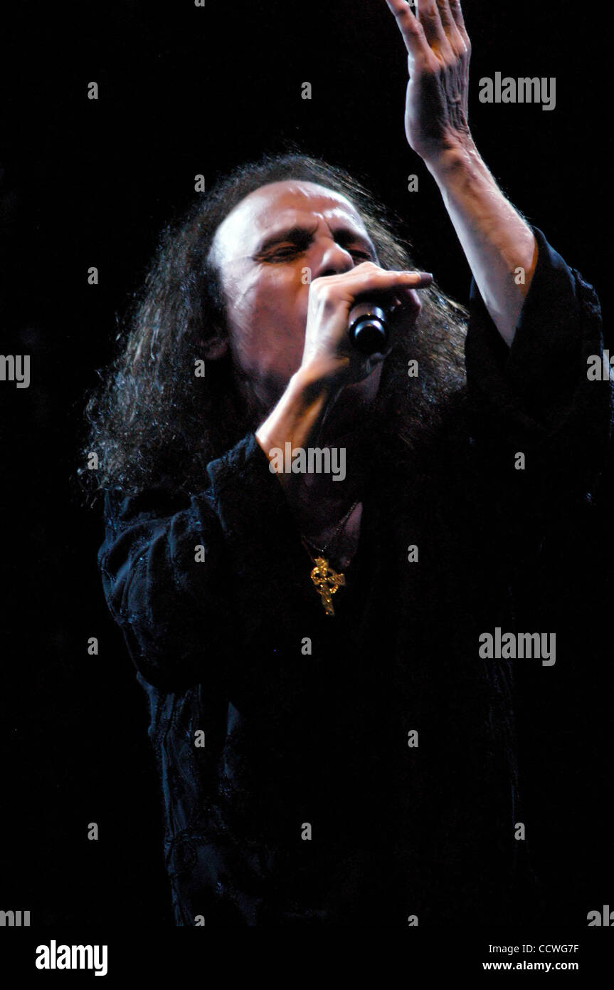 May 16, 2010 - Irvine, California, USA - RONNIE JAMES DIO (Jul. 10, 1942 - May 16, 2010), born Ronald James Padavona, was rock vocalist and songwriter who performed with the bands Elf, Rainbow, Black Sabbath, Heaven & Hell, and his own band Dio. He was widely hailed as one of the most powerful singe Stock Photo