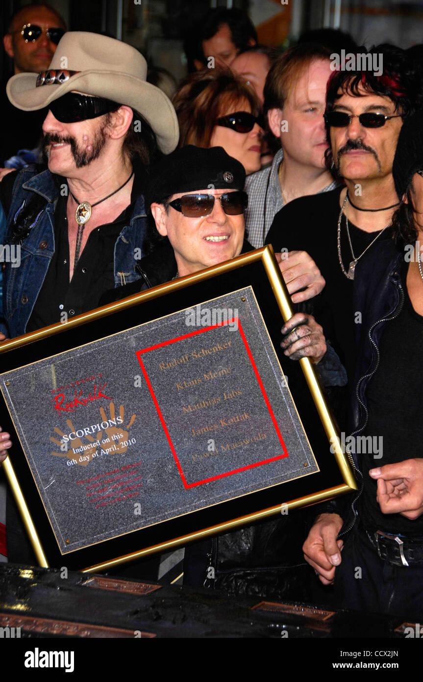 Apr. 06, 2010 - Hollywood, California, United States - Lemmy Kilmister, Klaus Meine and Carmine Appice during a ceremony inducting the Scorpions into Hollywood's Rockwalk, on April 6, 2010, on Sunset Blvd. in Los Angeles.. K64575MGE(Credit Image: Â© Michael Germana/Globe Photos/ZUMApress.com) Stock Photo