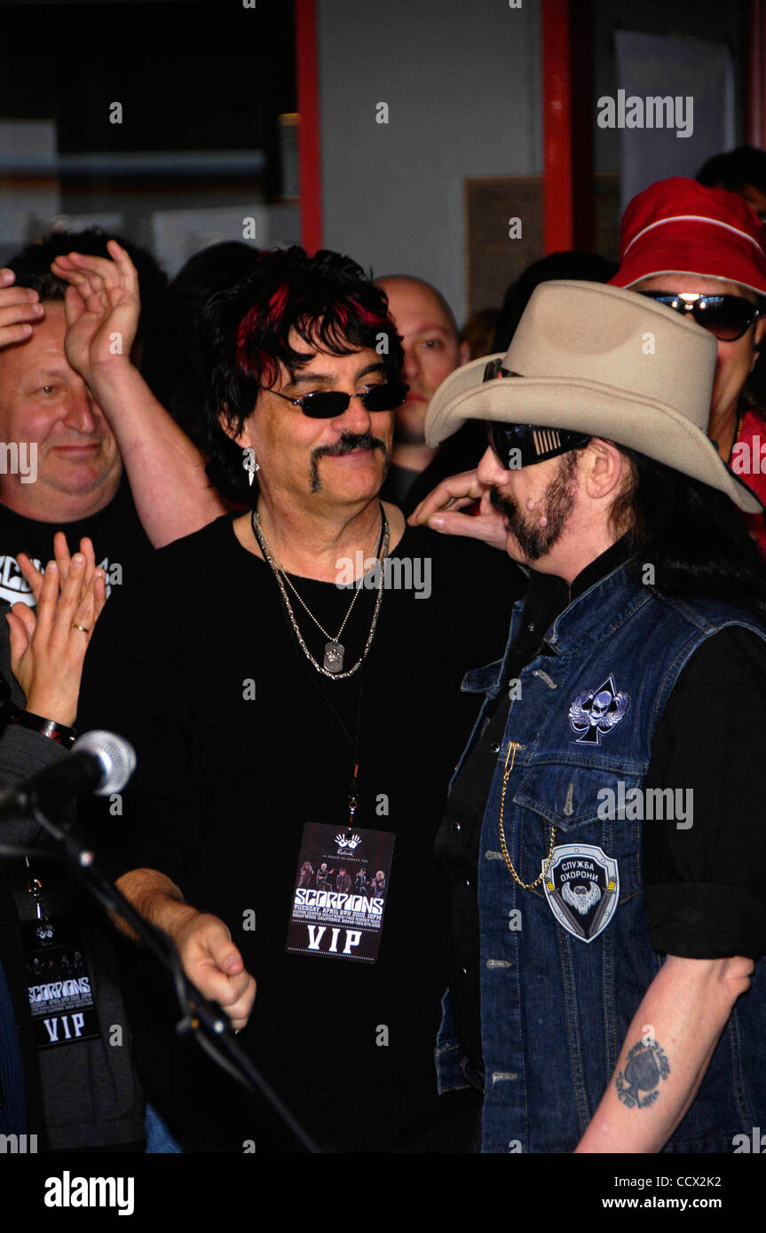 Apr. 06, 2010 - Hollywood, California, United States - Carmine Appice and Lemmy Kilmister during a ceremony inducting the Scorpions into Hollywood's Rockwalk, on April 6, 2010, on Sunset Blvd. in Los Angeles.. K64575MGE(Credit Image: Â© Michael Germana/Globe Photos/ZUMApress.com) Stock Photo