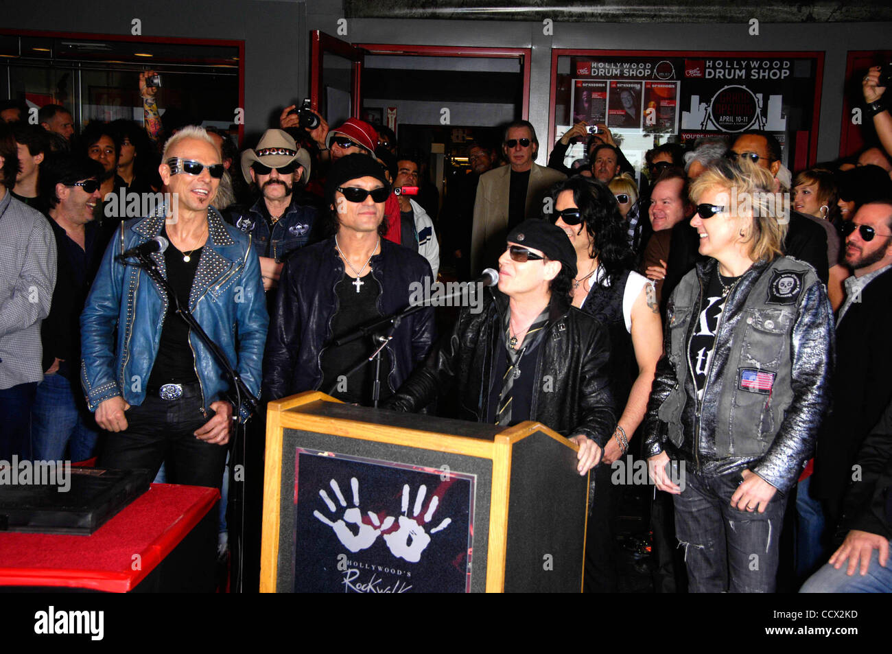 Apr. 06, 2010 - Hollywood, California, United States - Rudolf Schenker, Lemmy Kilmister, Matthias Jabs, Klaus Meine, Pawel Maciwoda and James Kottak during a ceremony inducting the Scorpions into Hollywood's Rockwalk, on April 6, 2010, on Sunset Blvd. in Los Angeles.. K64575MGE(Credit Image: Â© Mich Stock Photo