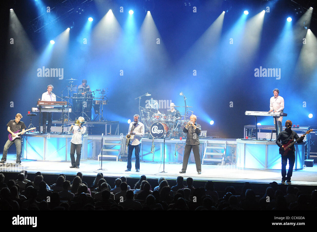 May 18, 2010 - Durham, North Carolina; USA - (R-L) Singer / Keyboardist ROBERT LAMM, Bass Guitarist JASON SCHEFF, Trumpeter LEE LOUGHNANE, Saxophonist WALTER PARAZAIDER, Guitarist KEITH HOWLAND, Drummer TRIS IMBODEN, and Keyboardist LOU PARDINI of the band Chicago performs live as their 2010 tour ma Stock Photo