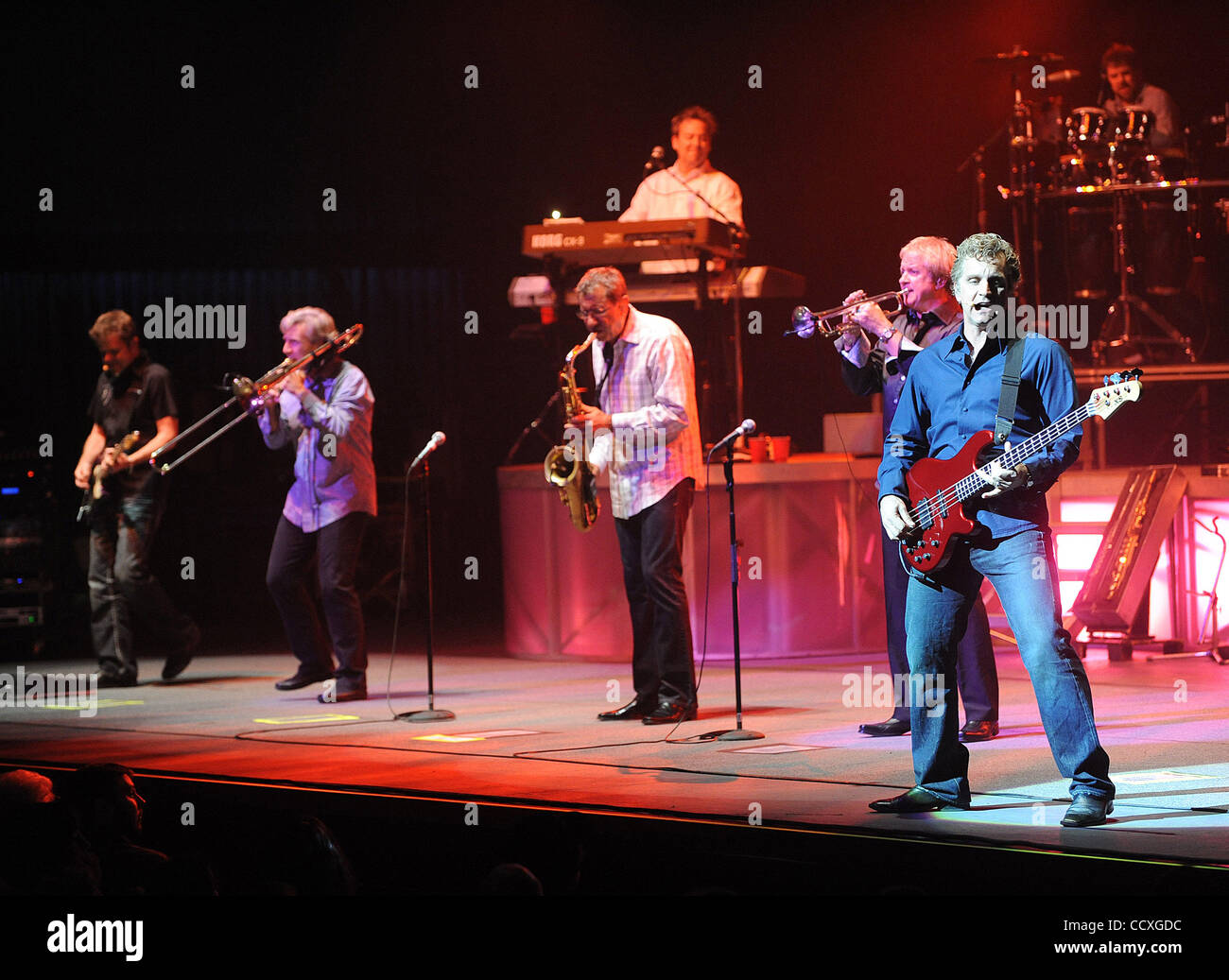 May 18, 2010 - Durham, North Carolina; USA - (R-L) Bass Guitarist JASON SCHEFF, Trumpeter LEE LOUGHNANE, Saxophonist WALTER PARAZAIDER, Guitarist KEITH HOWLAND, Drummer TRIS IMBODEN, and Keyboardist LOU PARDINI of the band Chicago performs live as their 2010 tour makes a stop at the Durham Performin Stock Photo