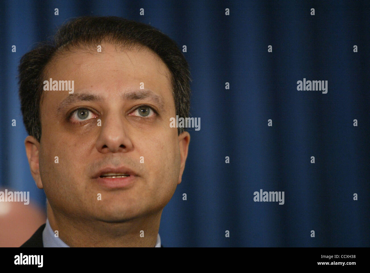 Manhattan US Attorney for the Southern Disctrict of New York Preet Bharara announcing in a press conference the indictment of  Charles Antonucci, the former president of 'The Park  Avenue Bank' who is the first defendant ever charged with attempting to defraud the troubled asst relief program. Photo Stock Photo