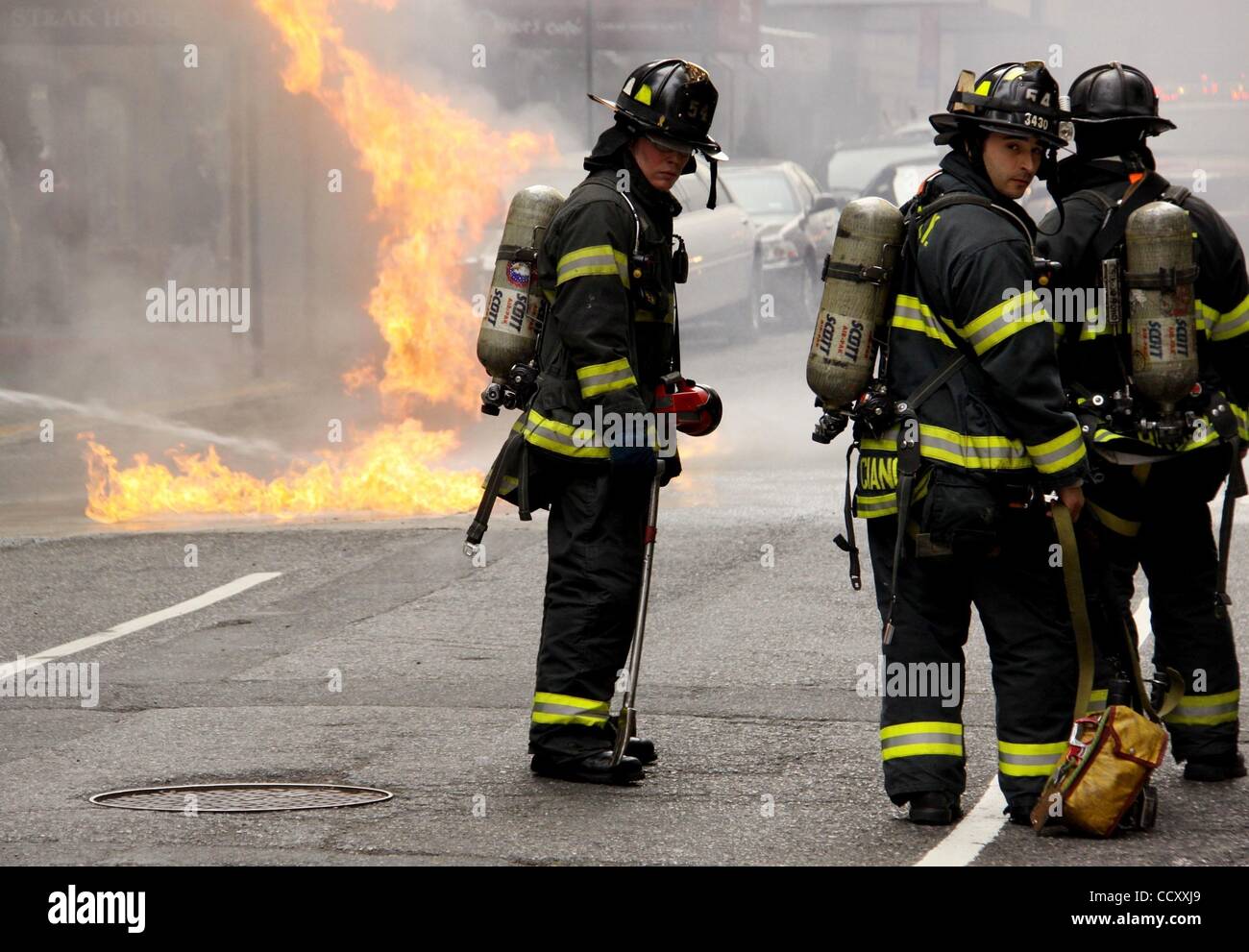 Apr 06, 2010 - New York, New York, USA - A view of a transformer fire, in the theater district directly in front of the Novotel Hotel and  Gallagher's steak house on 52nd Street in Midtown Manhattan. (Credit Image: Â© Nancy Kaszerman/ZUMA Press) Stock Photo