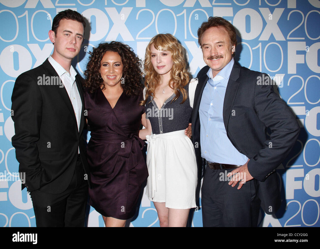 (L-R) Actors COLIN HANKS, DIANA MARIA RIVA, JENNY WADE, and BRADLEY WHITFORD attend the FOX 2010 Upfront after-party held at Wollman Rink in Central Park. Stock Photo