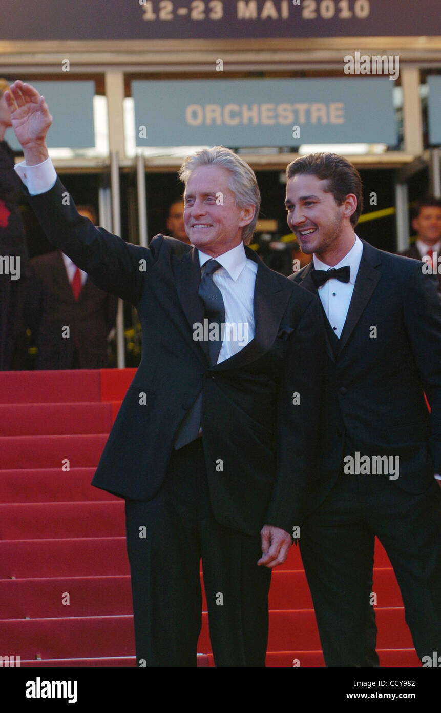 Actors Shia LaBeouf and Michael Douglas at the 'Wall street : Money never sleeps' Premiere. Stock Photo