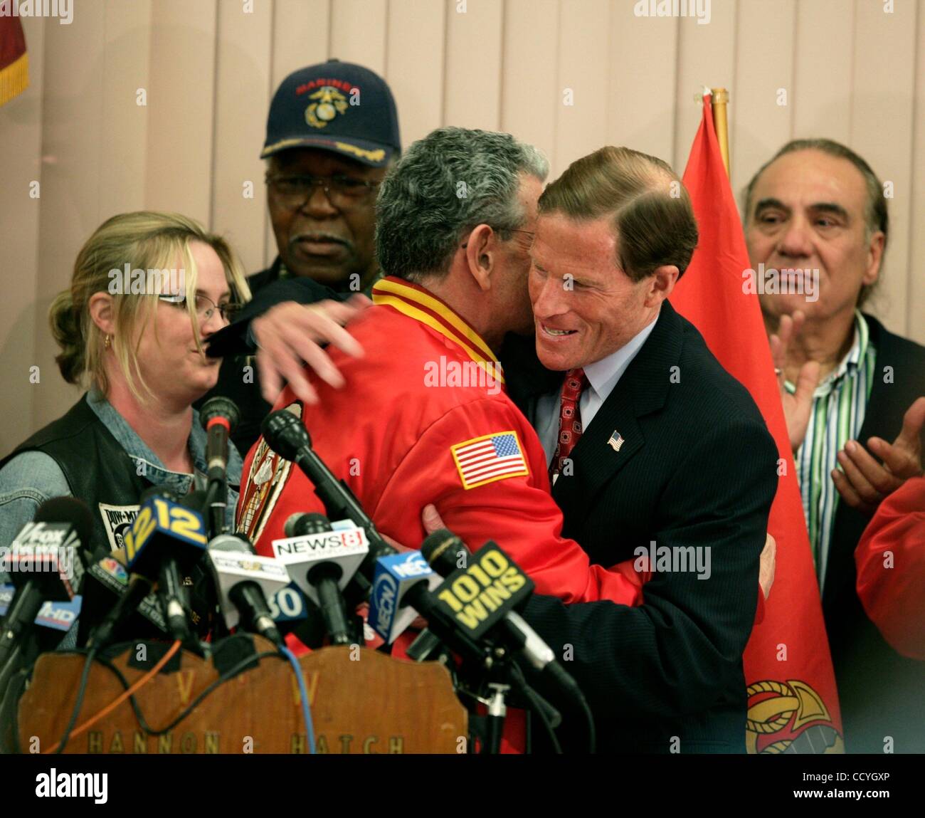 May 18, 2010 - West Hartford, Connecticut, U.S. - CT Attorney General and Democratic candidate for the United States Senate RICHARD BLUMENTHAL is surrounded veterans and hugs PETER GALGANO of the Marine Corps League of CT as he defends himself against allegations that he misstated his military recor Stock Photo