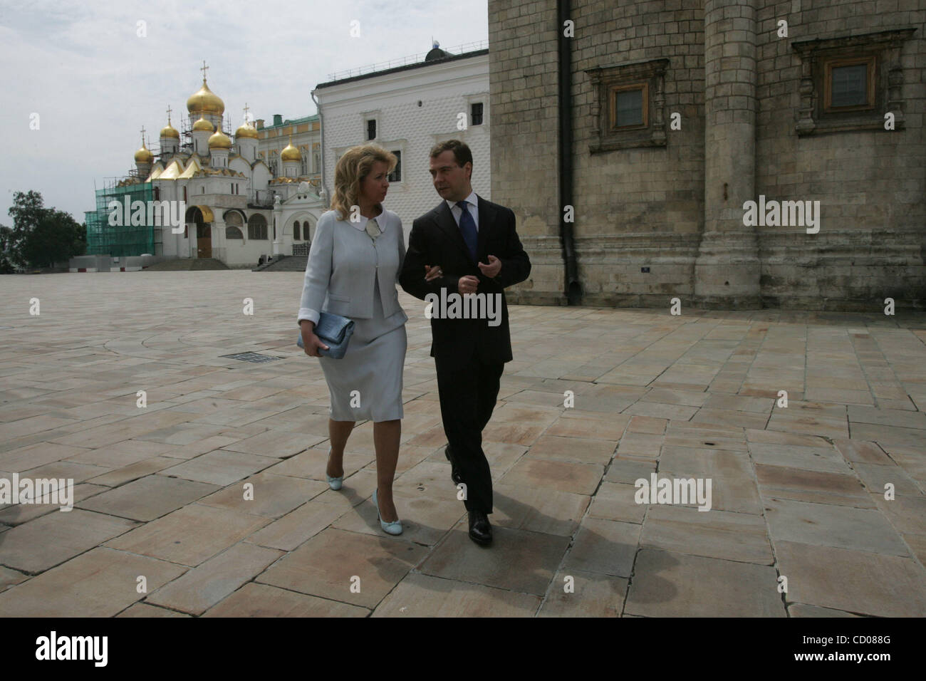 President of Russia Dmitry Medvedev with his wife Svetlana Medvedeva crossing the Cathedral Square of Moscow Kremlin Stock Photo