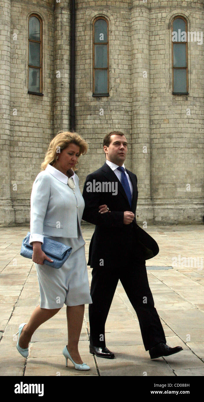 President of Russia Dmitry Medvedev with his wife Svetlana Medvedeva crossing the Cathedral Square of Moscow Kremlin Stock Photo