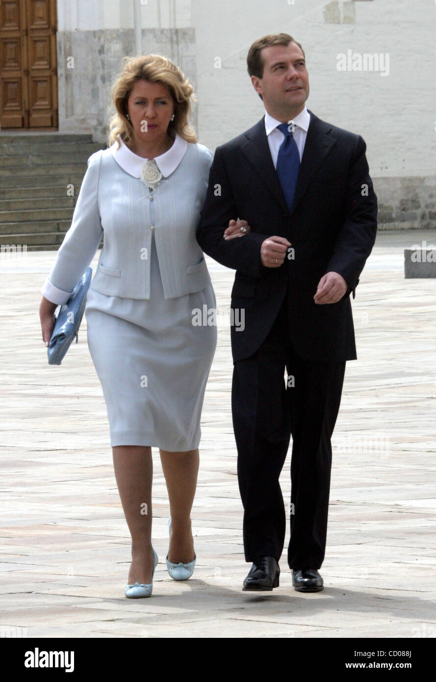 President of Russia Dmitry Medvedev with his wife Svetlana Medvedeva crossing the Cathedral Square of Moscow Kremlin Stock Photo