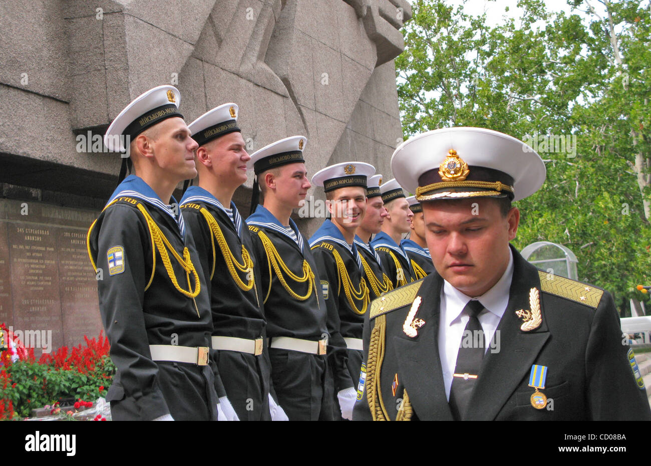 Black Sea Russian Navy base in Sevastopol , Ukraine. Pictured: russian military seamen guarding the monument to soviet defenders of Sevastopol during WWII. Stock Photo