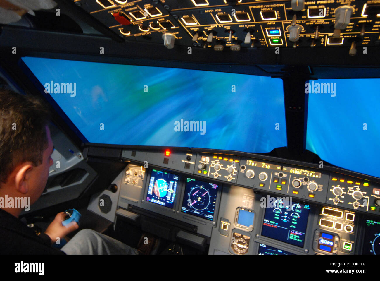 Aeroflot Flight training school in Moscow. Pictured: Interior cockpit of A320 airbus Flight Simulator. A flight simulator is a system that tries to copy, or simulate, the experience of flying an aircraft. Stock Photo