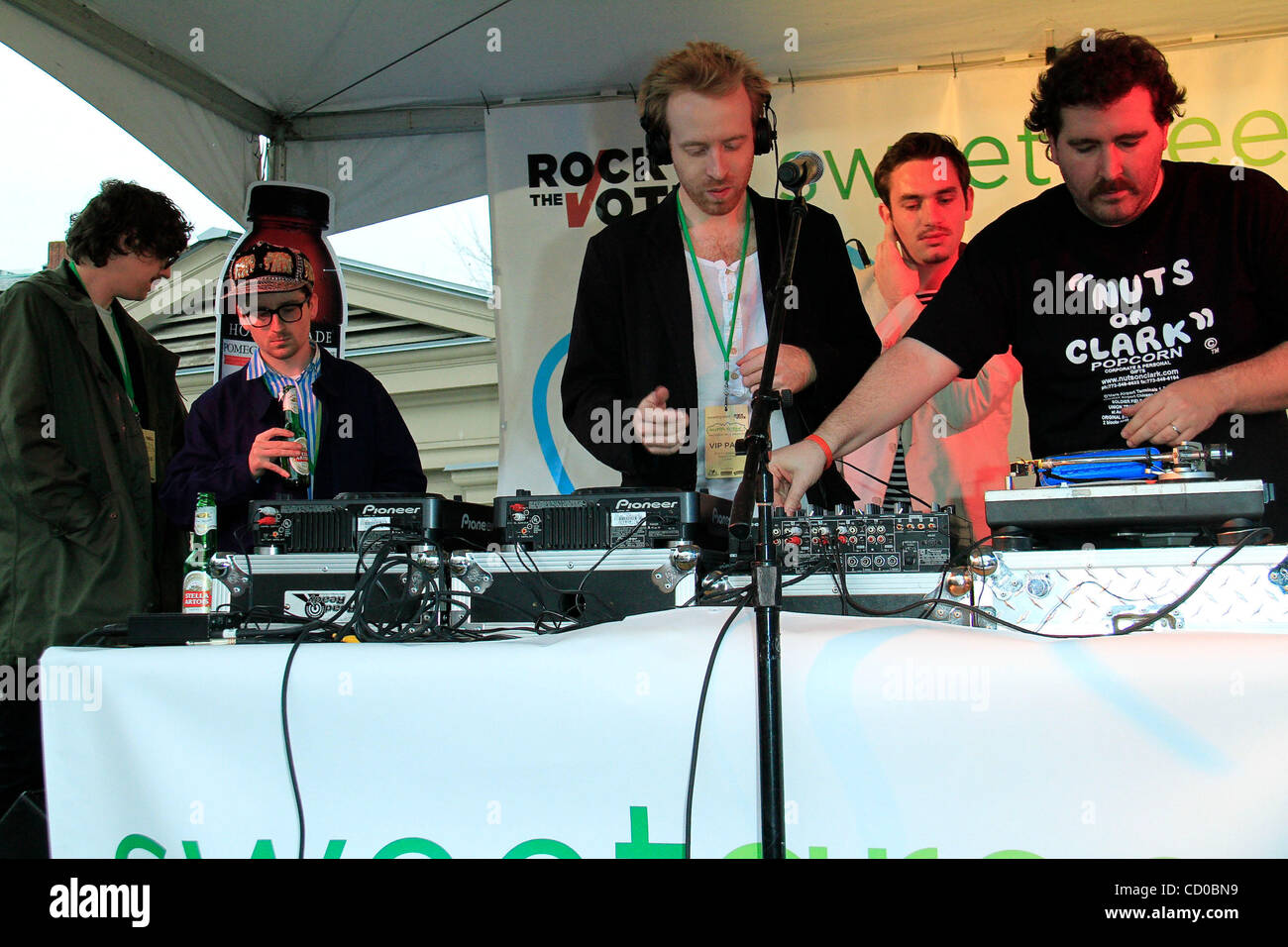 WASHINGTON, DC - April  24: Felix Martin, Alexis Taylor, Al Doyle, Owen Clarke, and Joe Goddard of the band Hot Chip attend The First annual Sweetlife Festival, in partnership with Rock The Vote in celebration of Earth Day on April 24, 2010 in Washington, DC.   Felix Martin; Alexis Taylor; Al Doyle; Stock Photo