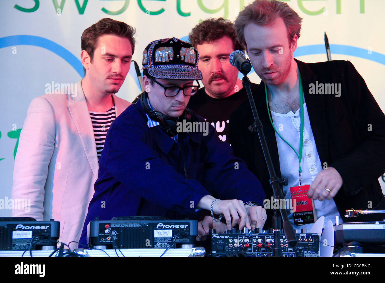 WASHINGTON, DC - April  24:  Owen Clarke, Alexis Taylor, , Joe Goddard and Al Doyle,  of the band Hot Chip perform at The First annual Sweetlife Festival, in partnership with Rock The Vote in celebration of Earth Day on April 24, 2010 in Washington, DC.  Jonathan Neman ; Felix Martin; Owen Clarke; A Stock Photo