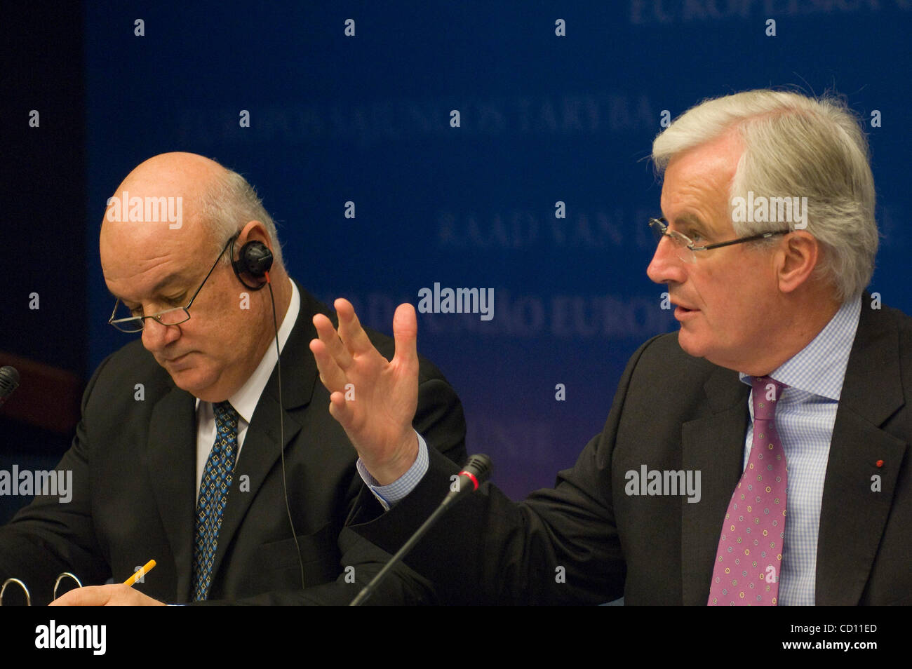 France's Minister of Agriculture Michel Barnier, whose country currently holds the rotating Presidency of EU (R) and  EU fisheries and maritime affairs commissioner Joe Borg , gives a press conference for a European Agriculture and Fishery Ministers Council in Brussels November 18, 2008.  [© by Wikt Stock Photo