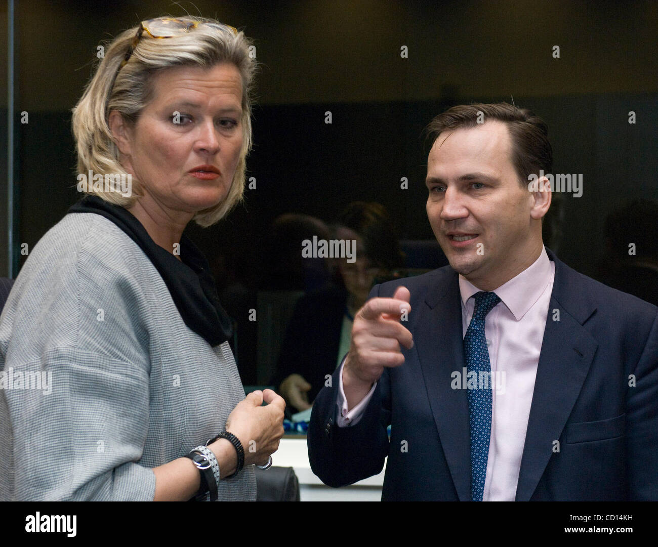 Polish Foreign Minister Radek Sikorski and Austrian minister , Ursula Plassnik  chat before a European Union General Affairs and External Relations Council meeting on April 29, 2008 in Luxembourg.[© by Wiktor Dabkowski] .... Stock Photo