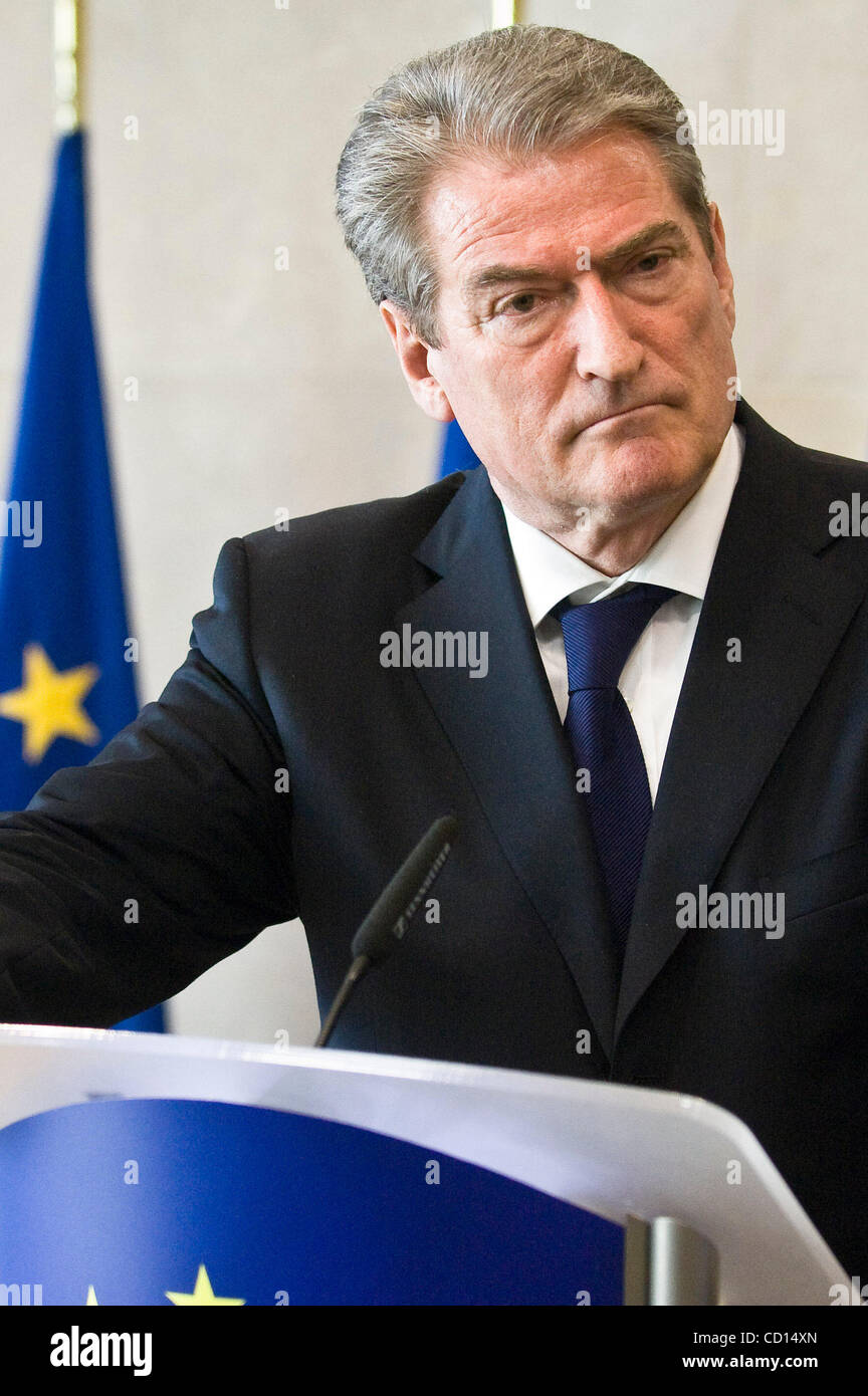 Albanian Prime Minister Sali Berisha And Unseen European Commission President Jose Manuel Barroso Hold A Press Point After Their Bilateral Meeting In Brussels On May 5 2008 C By Wiktor Dabkowski Stock Photo Alamy