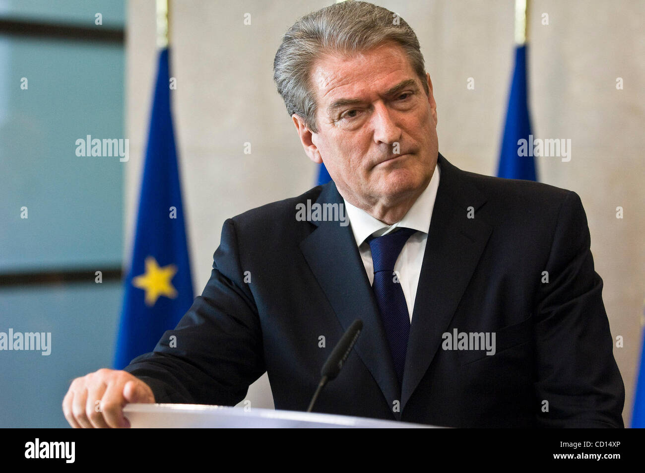 Albanian Prime Minister Sali Berisha And Unseen European Commission President Jose Manuel Barroso Hold A Press Point After Their Bilateral Meeting In Brussels On May 5 2008 C By Wiktor Dabkowski Stock Photo Alamy