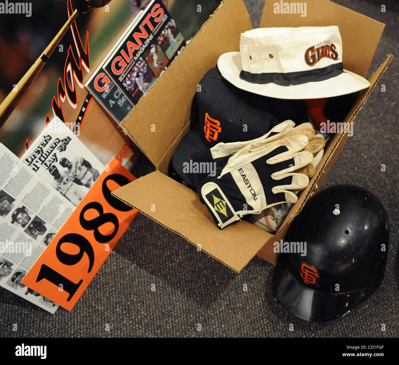 An exhibit on the 50 year history of the San Francisco Giants opens this month at folsom history museum. It contains uniforms, gloves, programs, balls and bats season ticket holder and collector Richard Macalusot. ( Hector Amezcua /  hector@hectoramezcua.com ) Stock Photo