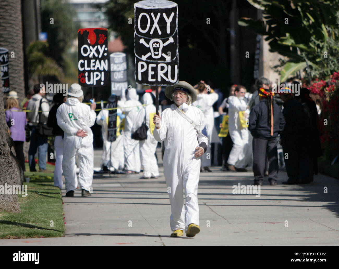 May 02, 2008 - Santa Monica, California, United States - Protesters and Achuar people from the Peruvian Amazon  gathered outside of the site of Occidental Petroeum Company's Annual meeting in Santa Monica, Calif. At issue are nine billion barrels of toxic wastewater left on the lands of the Anchuar  Stock Photo