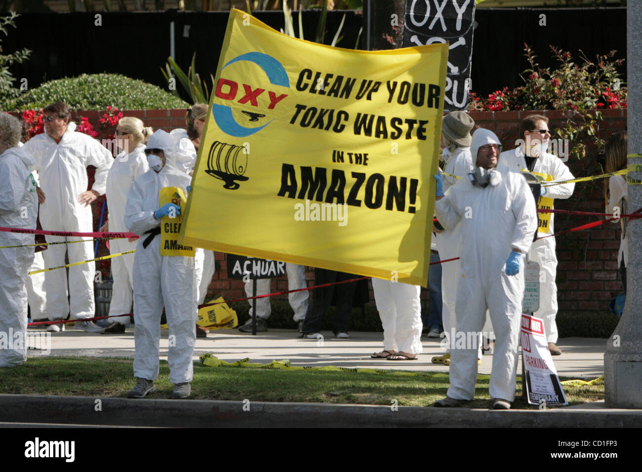 May 02, 2008 - Santa Monica, California, United States - Protesters and Achuar people from the Peruvian Amazon  gathered outside of the site of Occidental Petroeum Company's Annual meeting in Santa Monica, Calif. At issue are nine billion barrels of toxic wastewater left on the lands of the Anchuar  Stock Photo