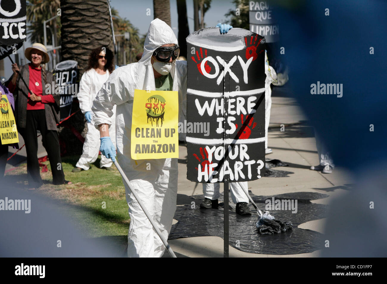 May 02, 2008 - Santa Monica, California, United States - Protesters and Achuar people from the Peruvian Amazon  gathered outside of the site of Occidental Petroeum Company's Annual meeting in Santa Monica, Calif. At issue are nine billion barrels of toxic wastewater left on the lands of the Anchuar  Stock Photo