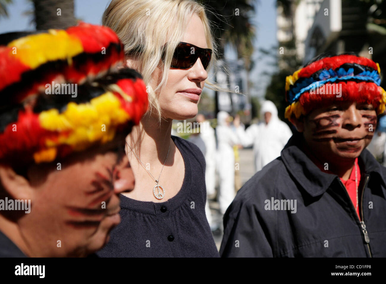 May 02, 2008 - Santa Monica, California, United States - Protesters and Achuar people from the Peruvian Amazon  gathered outside of the site of Occidental Petroeum Company's Annual meeting in Santa Monica, Calif. At issue are nine billion barrels of toxic wastewater left on the lands of the Anchuar  Stock Photo