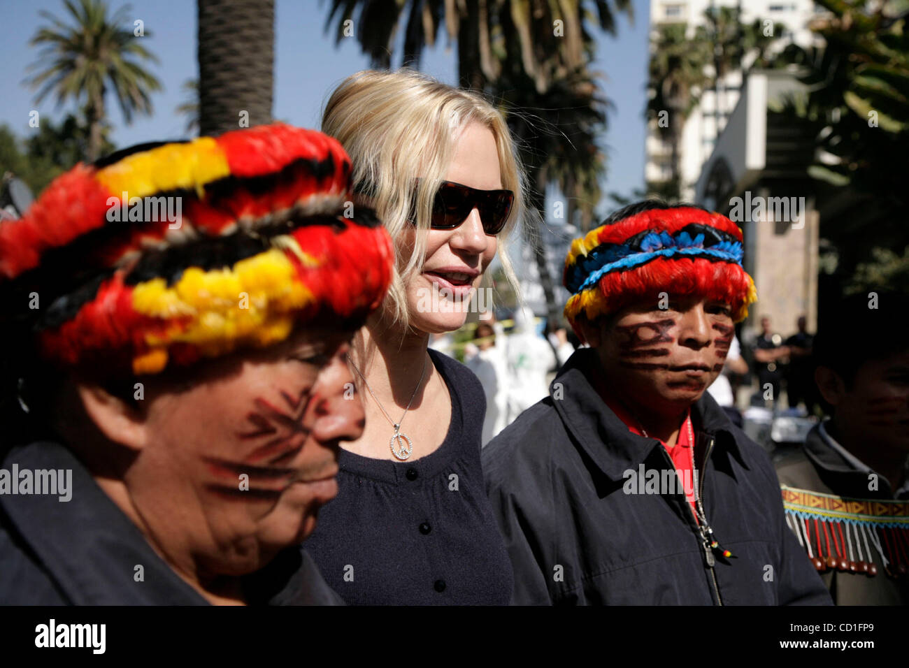 May 02, 2008 - Santa Monica, California, United States - Protesters and Achuar people from the Peruvian Amazon  gathered outside of the site of Occidental Petroeum Company's Annual meeting in Santa Monica, Calif. At issue are nine billion barrels of toxic wastewater left on the lands of the Anchuar  Stock Photo